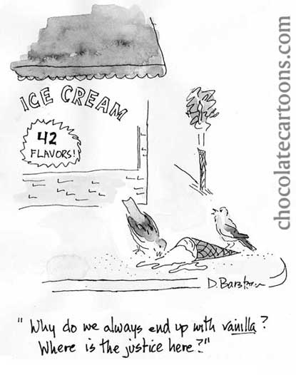 cartoon of 2 birds eating an ice cream cone, but it's always vanilla flavor